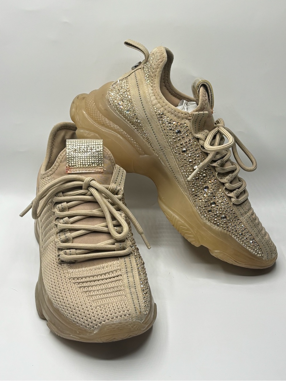 Steve Madden Maxima Beige Rhinestone Sneakers Monochrome Chunky 7.5 Maximalist